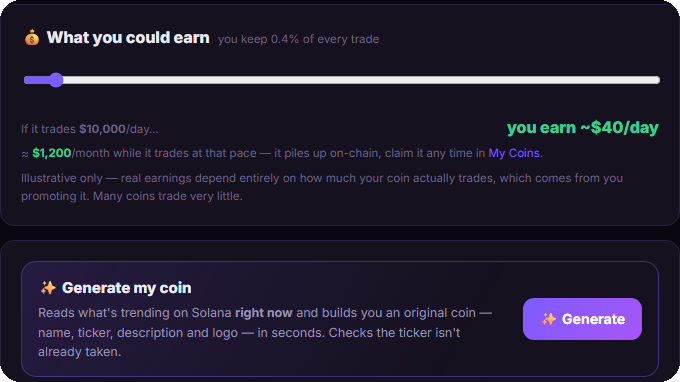 MemeLaunch's real earnings calculator and coin-generator, as it actually appears on the Create Coin page
